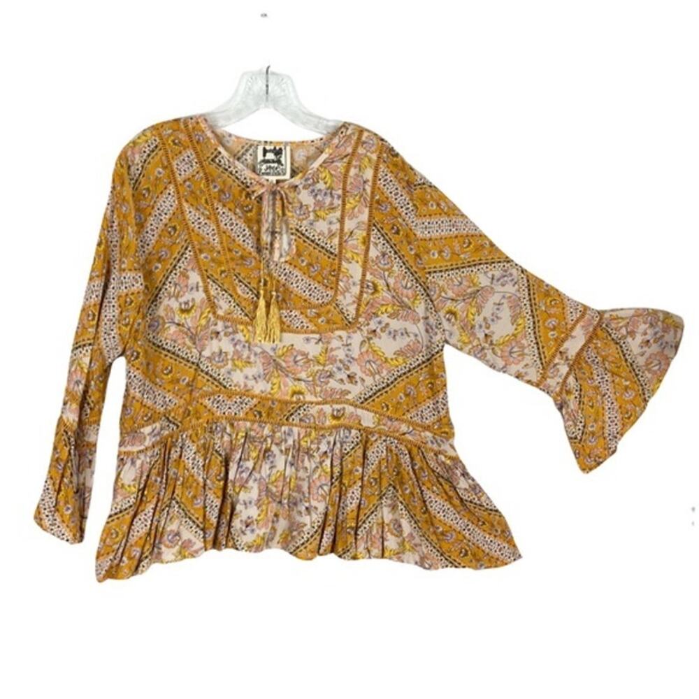 nwot JAASE Top Blouse XL Floral Crochet Bow Tassels Tiered Ruched Bell-Long-Slv